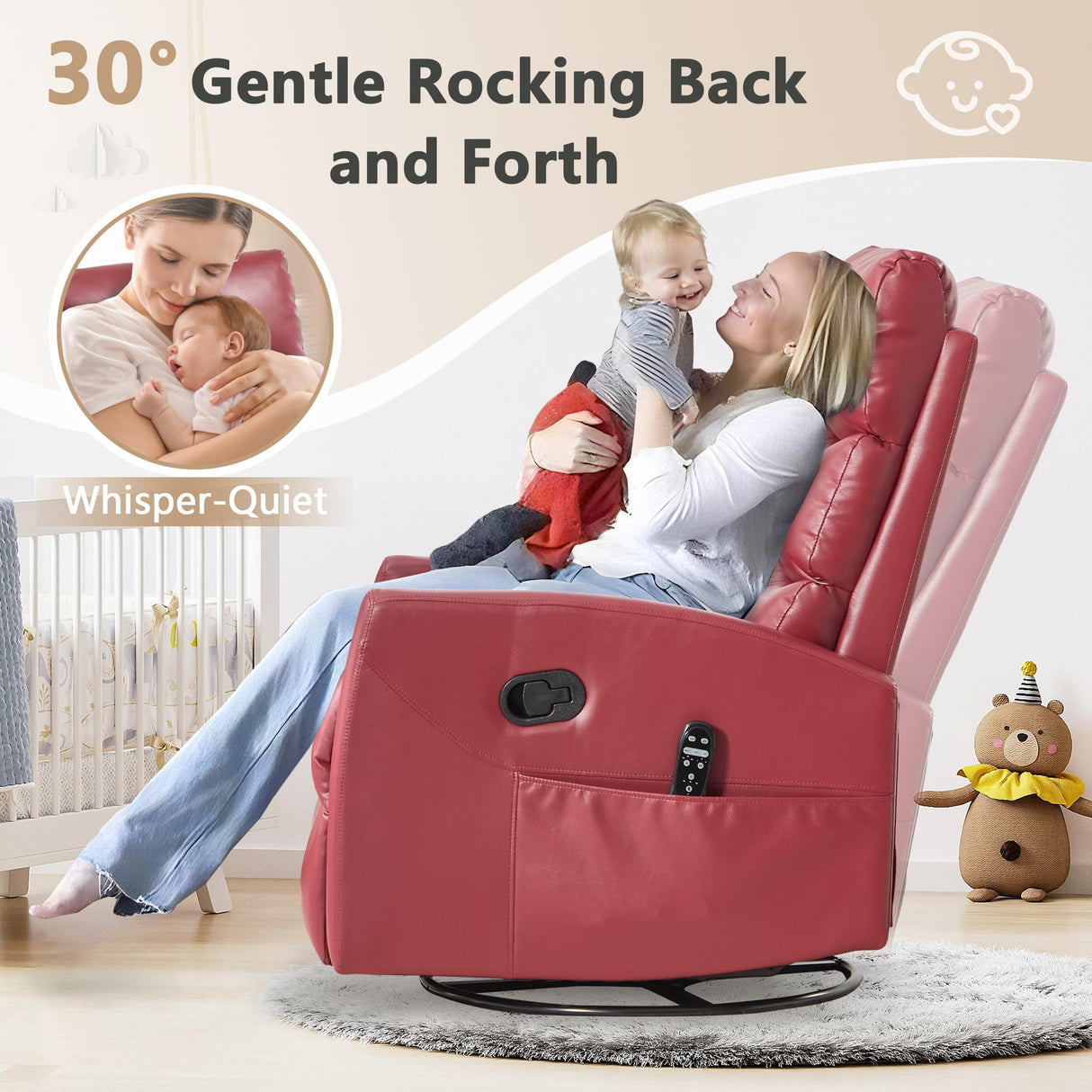 cinkehome Small Swivel Rocker Recliner Chair with Heated Massage, Upholstered Nursery Glider Recliner Chair, High Back, Side Pocket (Red PU Leather) cinkehome