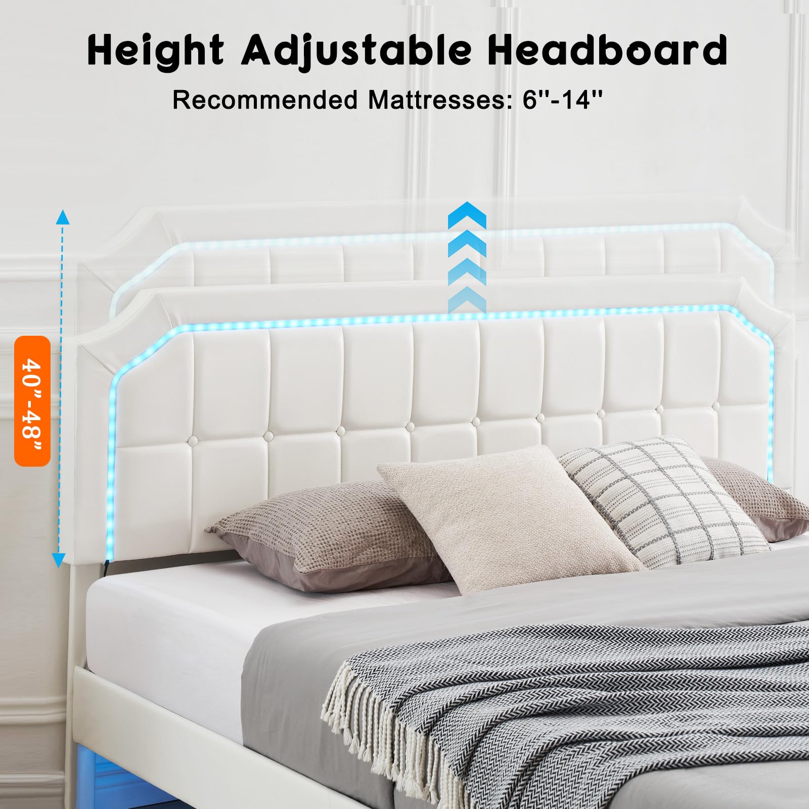 GarveeHome Modern King Size Floating Bed Frame with Adjustable LED Headboard and Easy Assembly in White - WoodArtSupply