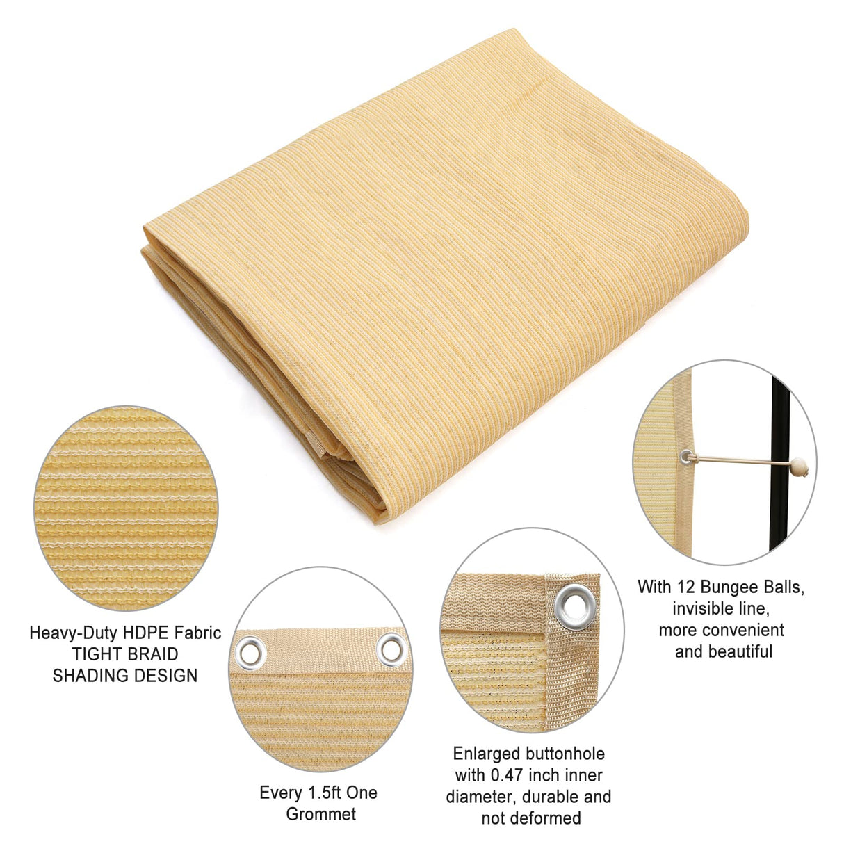 Shatex 90% Sun Shades for Patios 10x 20ft Shade Fabric Sun Shade Cloth Taped Edge with Grommets Sun-Block Mesh Shade for Pergola Cover Canopy Wheat, 12 Bungee Balls Shatex