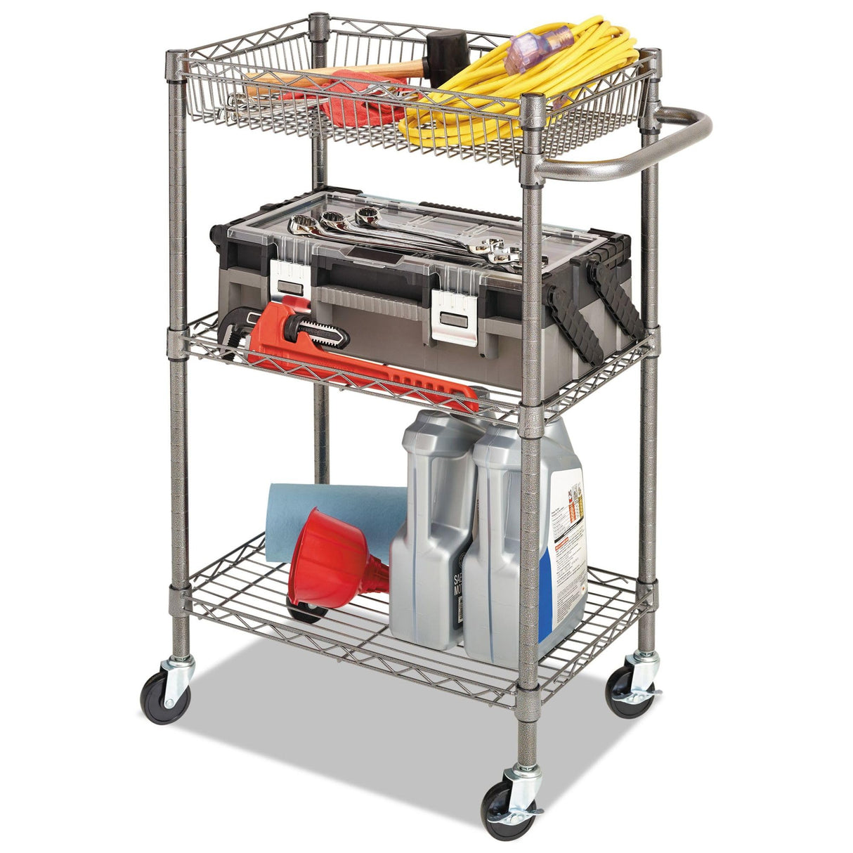 Alera ALESW342416BA 28 in. x 16 in. x 39 in. 500-lb. Capacity Three-Tier Wire Rolling Cart - Black Anthracite Alera