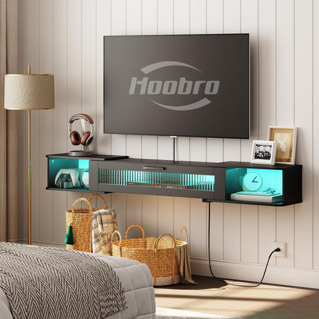 HOOBRO Floating TV Stand with LED Light Power Outlet for TVs up to 75”, Wall Mounted TV Shelf, Modern Media Console Entertainment Center Under TV, for Living Room Bedroom, Black BK36UDDS01 HOOBRO