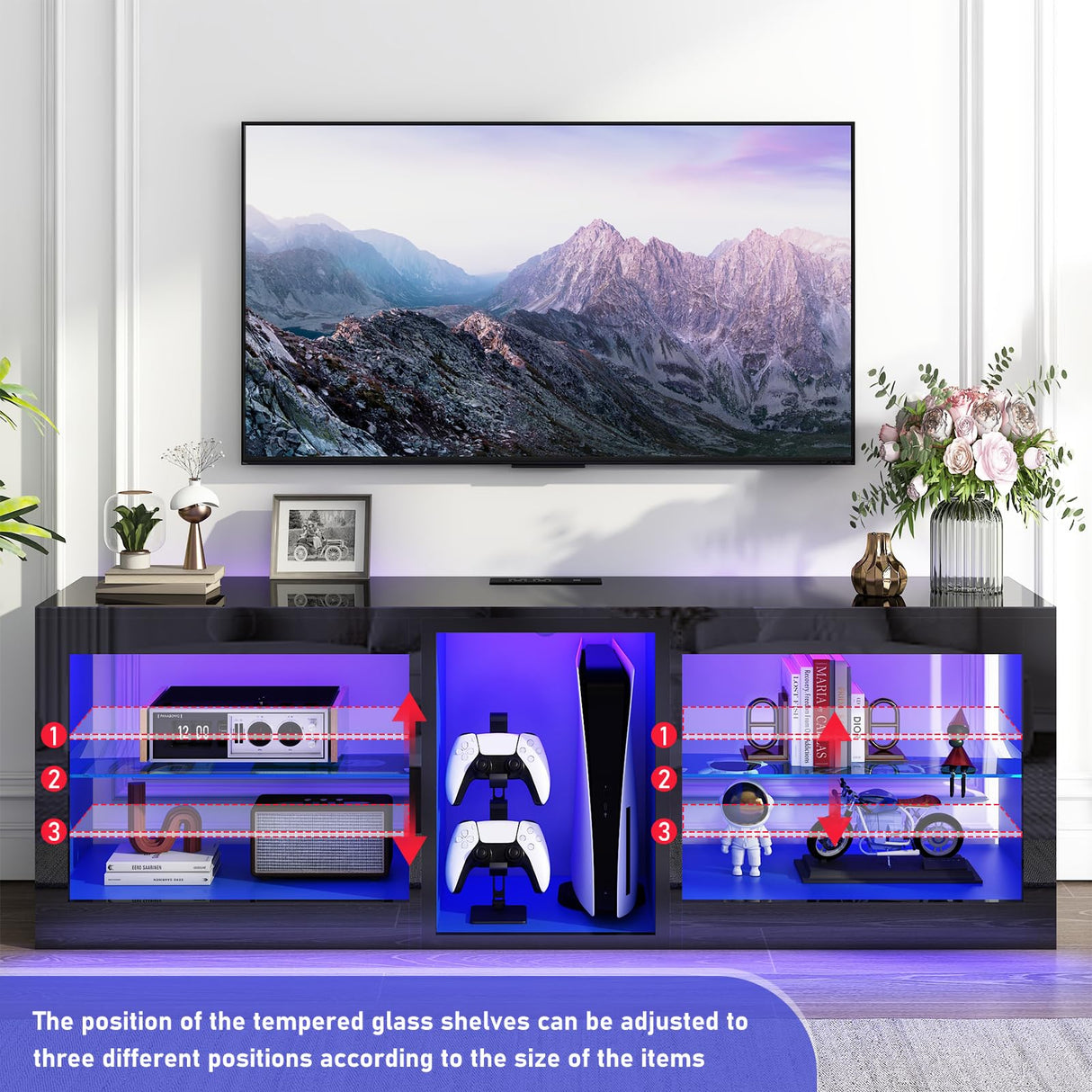 chartustriable LED TV Stands W/Power Outlet for 50 55 60 65 70Inch TV,Black Entertainment Center W/70000-Colors Lights,High Gloss LED TV Console w/Adjustable Glass Shelves for Living Room Gameroom chartustriable