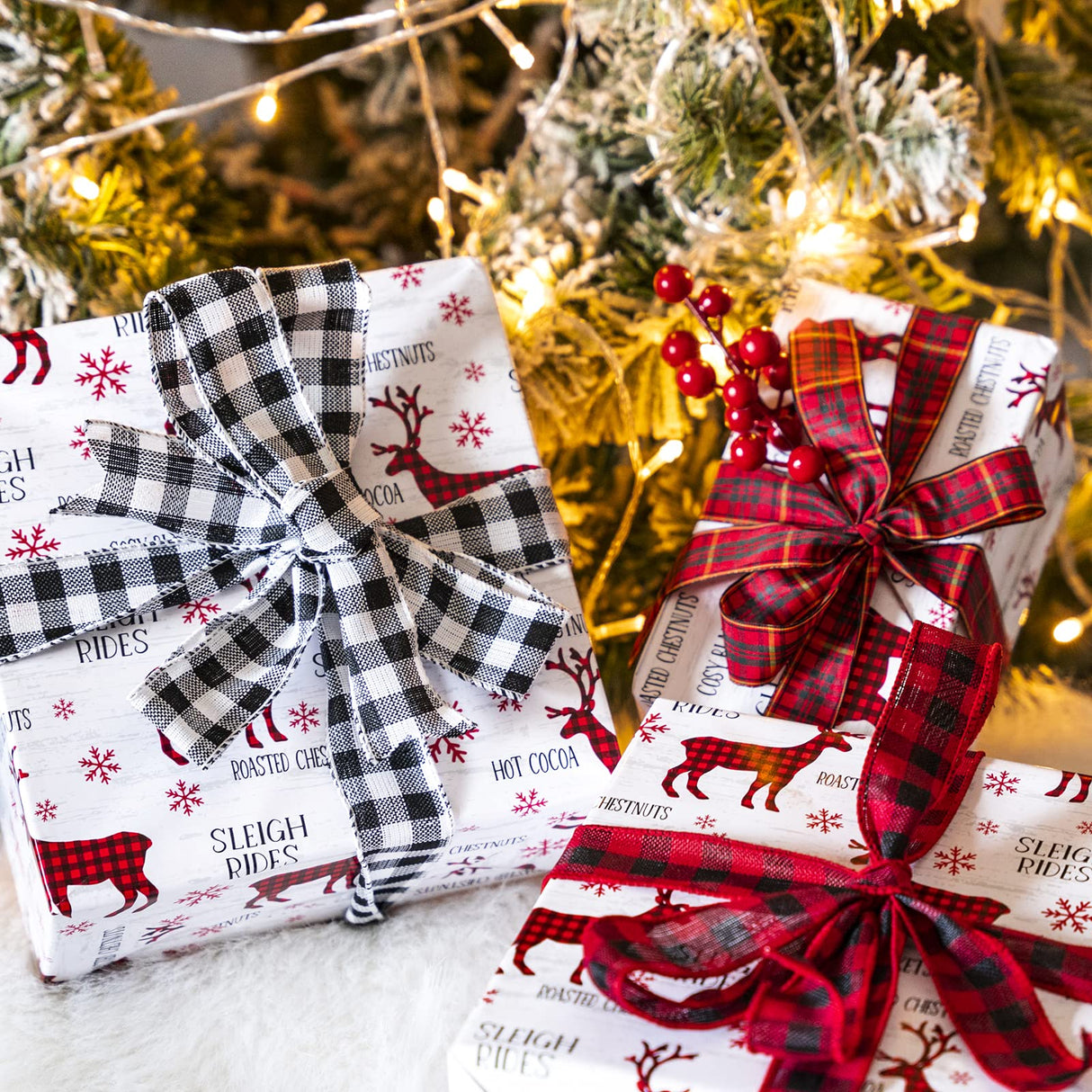 WRAPAHOLIC Reversible Christmas Wrapping Paper Roll - Mini Roll - 17 Inch x 33 Feet - Red White Reindeer and Snowflake Wrapping Paper for Christmas, Holiday, Party WRAPAHOLIC