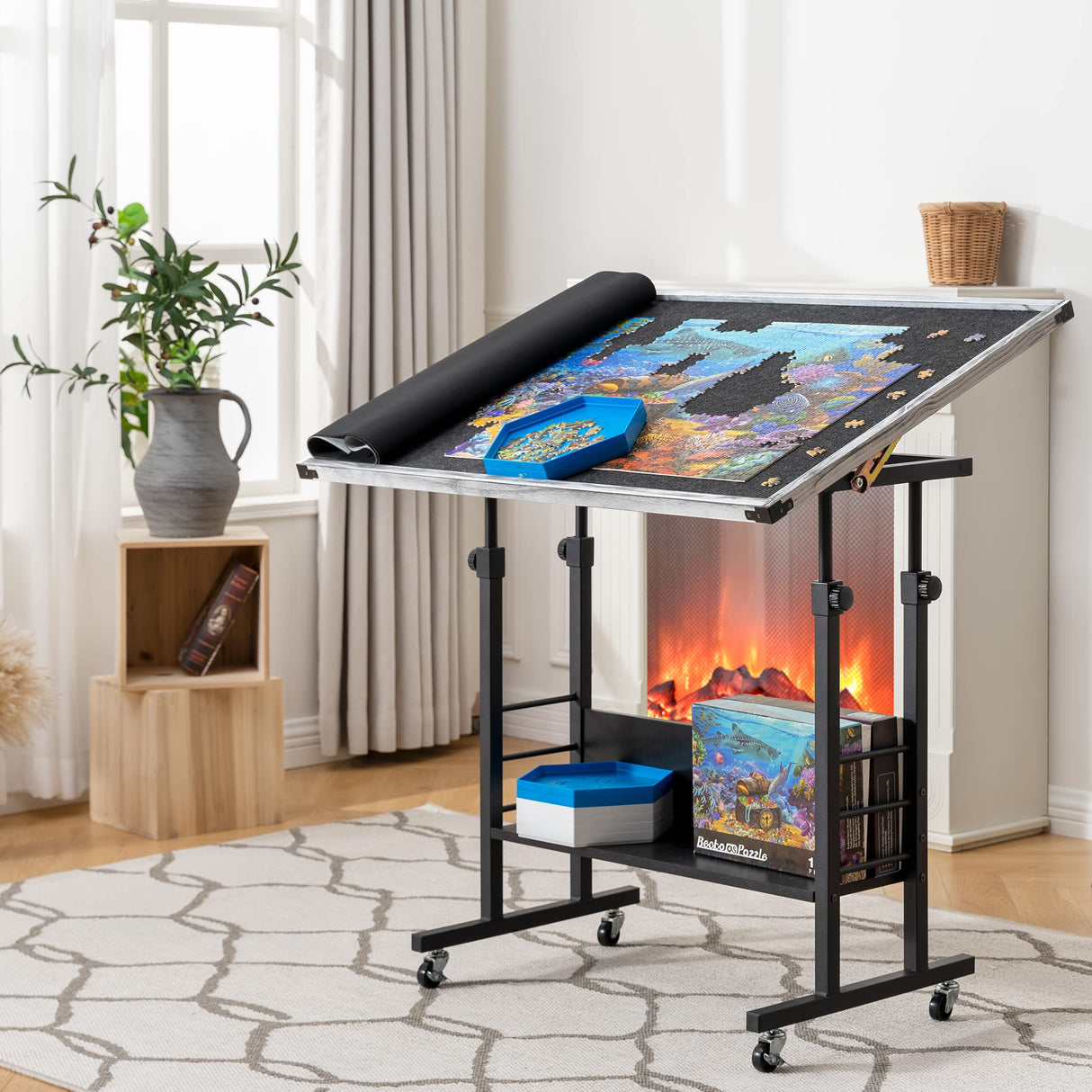 Becko US 1500 Piece Jigsaw Puzzle Table with Legs, Adjustable & Stand Up Puzzle Tables, with 5 Tilting Angle & Height Adjustment, Wood Jigsaw Puzzle Board with Cover Mat, Enclosed with 4 Wheels Becko US