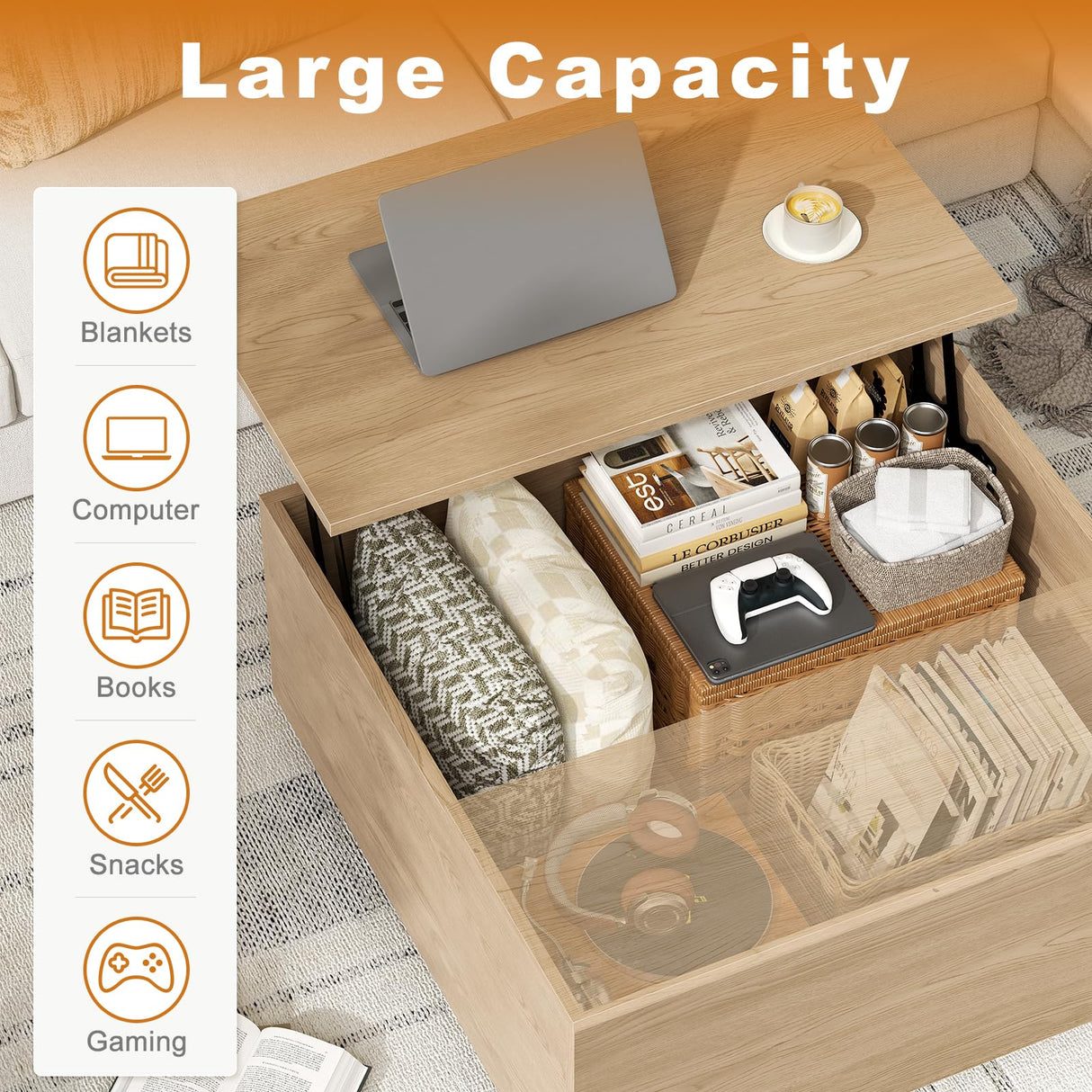 FABATO Lift Top Coffee Table, Wood Square Coffee Table with Storage, Farmhouse Coffee Tables with Hidden Storage Compartment, Center Table with Lifting Tabletop for Living Room, Home Office, Natural FABATO