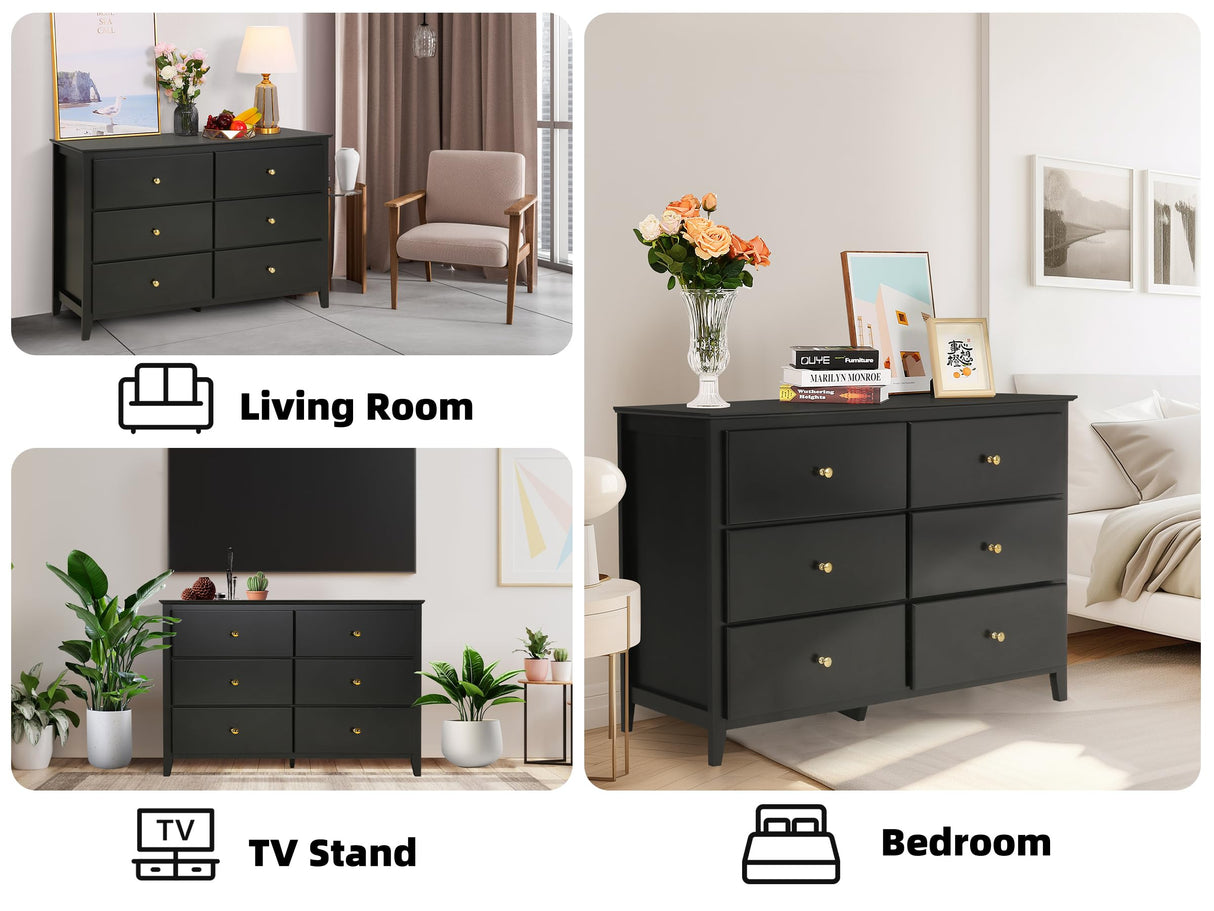 Dresser for Bedroom, 6 Drawer Dressers, Wood Dresser, Chests of Drawers for Entryway Closet Living Room Hallway Sturdy Wooden Top Easy Pull Handle,Black WoodArtSupply