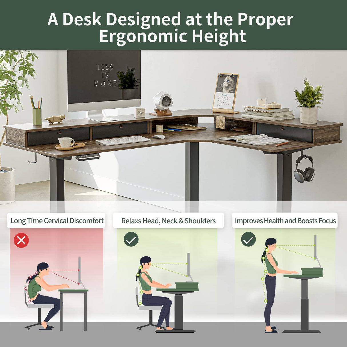 FEZIBO Triple Motor 63" L Shaped Standing Desk with 3 Drawers, Electric Gaming Desk Adjustable Height, Corner Stand up Desk with Splice Board, Black Frame/Black Walnut Top FEZIBO