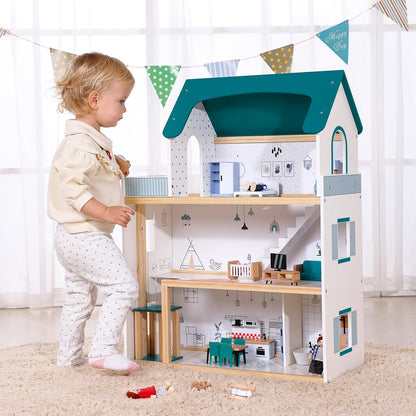 OOOK Wooden Dollhouse with Liftable Elevator - 2.6 Feet High Modern Doll House for Kids Toddlers - Including 21 Furniture Pieces, 4 Family Dolls, and