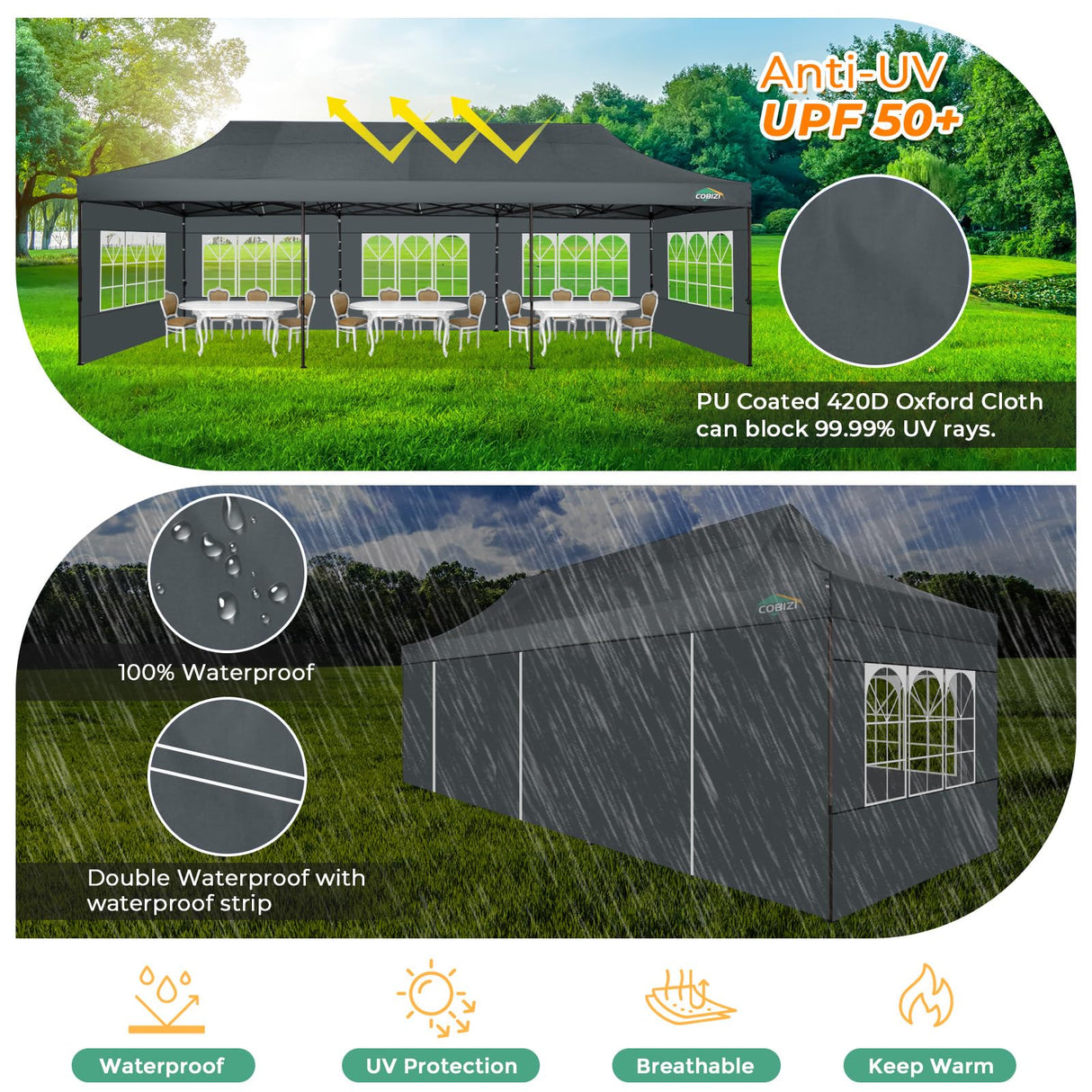 COBIZI Heavy Duty 10x30 Party Tent, Commercial 10x30 pop up Canopy for Parties Waterproof Gazebos with 8 Sidewalls, All Season Wind & Waterproof UPF50+,Stable Thickened Frame COBIZI
