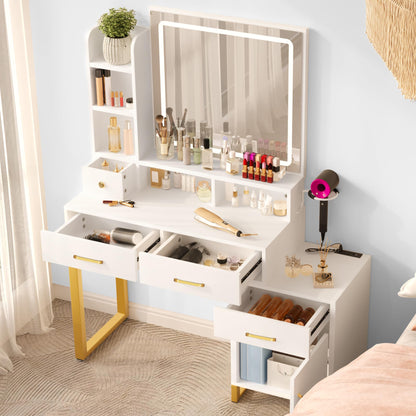 YITAHOME 43.3'' Vanity Desk with Mirror and Lights, Makeup Vanity with Drawers, Shelves, Cabinet, Power Outlet, Dressing Table Set with Stool, 3-Color Adjustable Lighting, Bedroom, Pearl White