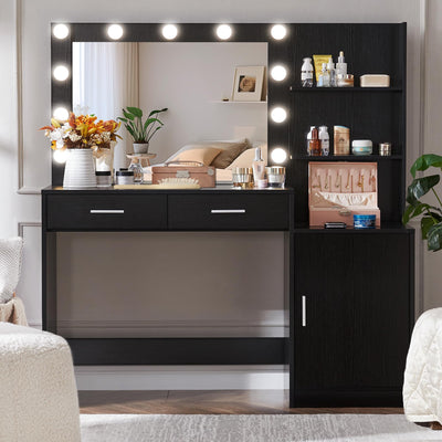 MIRROTOWEL 46.7IN Vanity Desk with Mirror and Lights, Dressing Table with 2 Large Drawer&Large Vertical Organizer, 3 Level Dresser & 3 Lighting Modes Adjustable Brightness, Suitable for Bedroom(black)