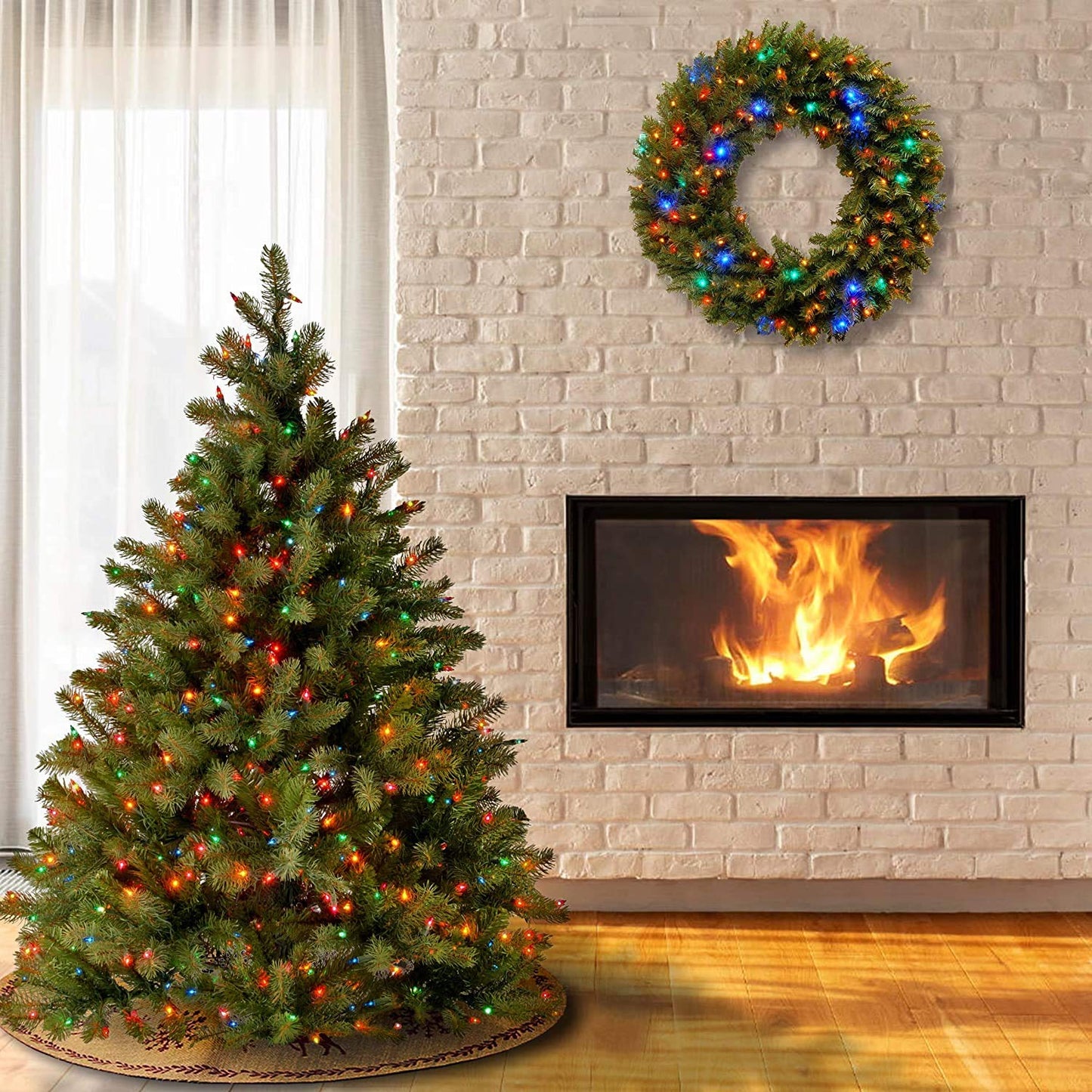 National Tree Company Pre-Lit 'Feel Real' Artificial Full Downswept Christmas Tree, Green, Douglas Fir, Multicolor Lights, Includes Stand, 4.5 feet