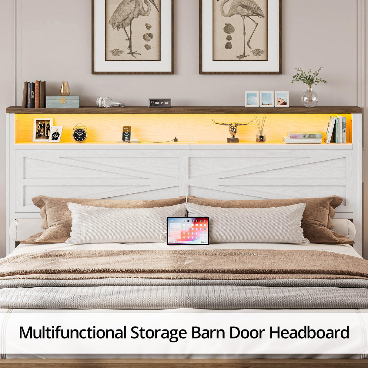 IRONCK Farmhouse King Size Bed Frame with LED Light and Charging Station, Wood Bed Frame with Storage Headboard and 2 Drawers， Barn Door Design, Sturdy and Noiseless, White IRONCK