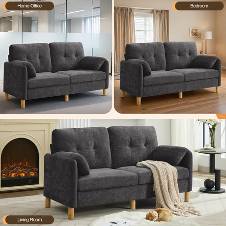 WUTUTUEE 65" Chenille Loveseat Sofa, Modern 2-Seater Love Seat Couch with Armrest Pillows, Storage Pockets, Easy Assembly, Upholstered Tufted Loveseat Couches for Living Room Bedroom, Dark Grey WUTUTUEE