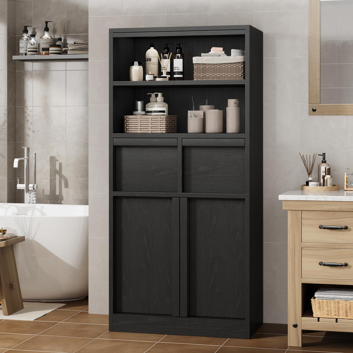 GarveeHome Tall Bathroom Cabinet, Floor Storage Cabinet with Doors & 2 Drawers, 51" H Tall Organizer Cabinet Freestanding for Bathroom, Living Room, Kitchen & Pantry (Black) GarveeHome