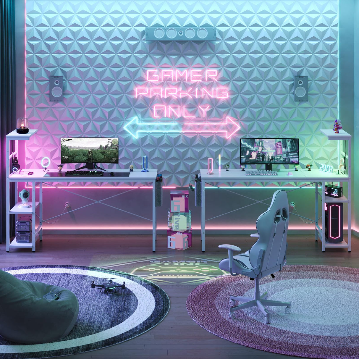 Bestier Gaming Desk with Power Outlets, 61 Inch Large Led Gamer Desk with 4 Tiers Reversible Shelves, PC Gaming Table with Headset Hook & Side Storage Bag for Bedroom (White 3D Carbon Fiber) Bestier