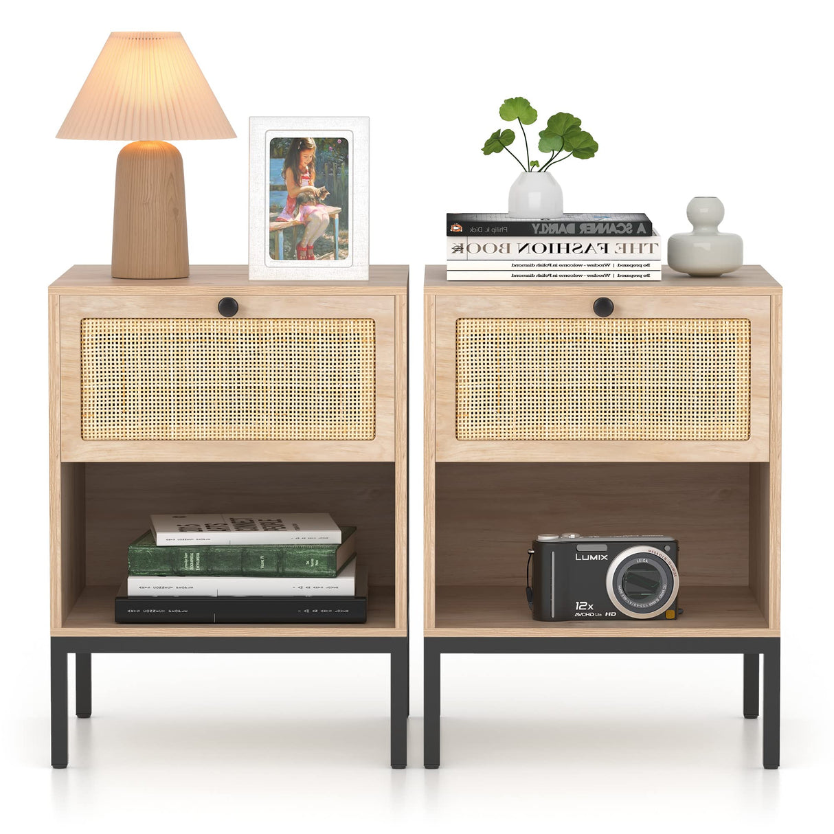 XIAO WEI Rattan Nightstand Set of 2 with Handmade Natural Rattan Drawer, Bedside Table Set of 2, Accent End Table, Boho Night Stand for Bedroom, Living Room, Metal Legs Small XIAO WEI