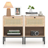 XIAO WEI Rattan Nightstand Set of 2 with Handmade Natural Rattan Drawer, Bedside Table Set of 2, Accent End Table, Boho Night Stand for Bedroom, Living Room, Metal Legs Small XIAO WEI