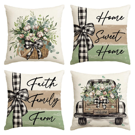 AVOIN colorlife Home Sweet Home Farmhouse Eucalyptus Leaves Throw Pillow Covers, 18 x 18 Inch Truck Stripes Buffalo Plaid Cushion Case Decorations Set of 4 AVOIN colorlife