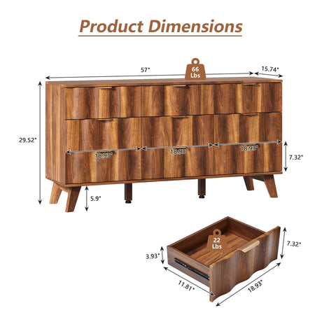 QEIUZON 9 Drawer Dresser, Modern Fluted Storage Dresser with Deep Drawers and Metal Handles, Wood Chest of Drawers Storage Organizer for Bedroom, Living Room, Hallway (Walnut) QEIUZON