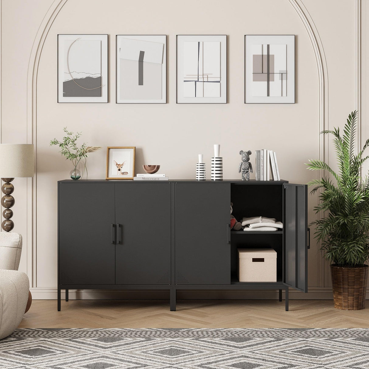 Steehoom Metal Storage Cabinet with Adjustable Shelves, Steel Buffet Sideboard for Entryway, Living Room, Dining Room, Kitchen, Office, Bar (Black) Steehoom