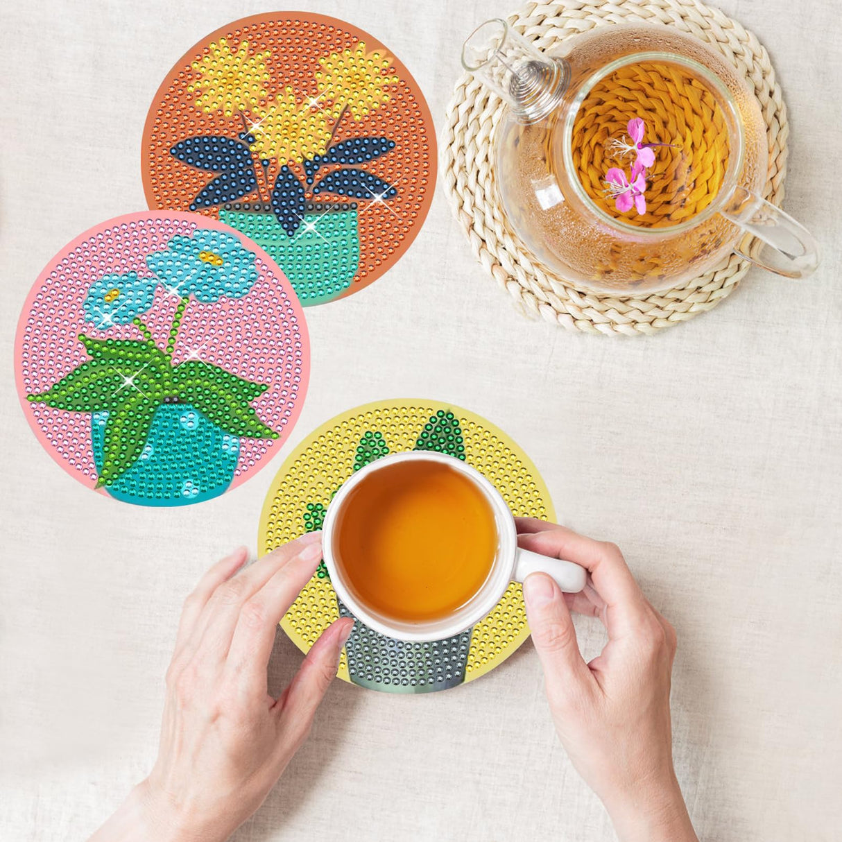 TDOOW Diamond Art Coasters Kits, 8 Pcs DIY Plant Diamond Painting Coasters with Holder, Diamond Art Kits for Adults Beginners TDOOW