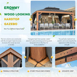 EROMMY 12' x 16' Hardtop Gazebo Outdoor Aluminum Wood Grain Gazebos with Galvanized Steel Roof and Mosquito Net for Patios, Deck, Backyard, Curtains&Netting EROMMY