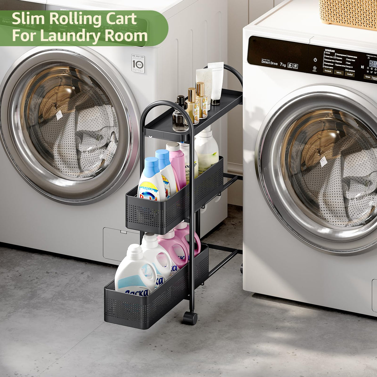 KINGRACK 3-Tier Slim Storage Cart with Pull Out Basket, Rolling Bathroom Organizer Utility, Metal Shelving Unit Slide Out, Lockable Wheels, Easy Assembly for Narrow Place, Kitchen, Laundry Room, Black KINGRACK