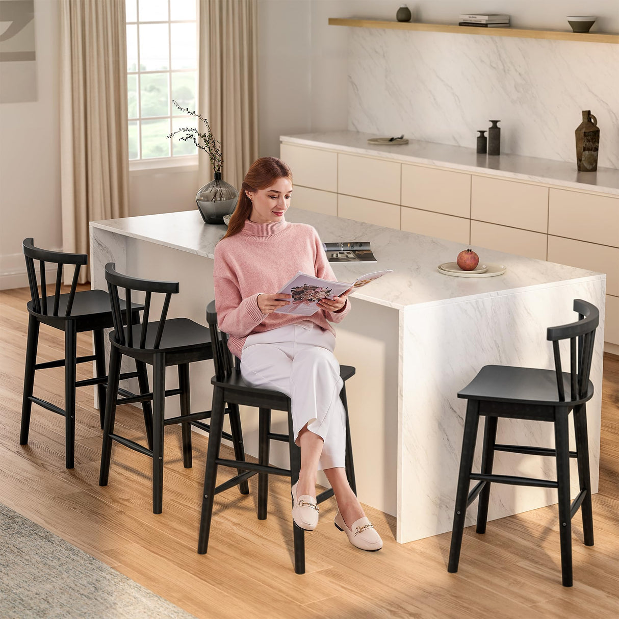 EYYTHUNG Wood Bar Stools Set of 3, 24" Barstool Farmhouse Counter Stools with Curved Back for Dining Room, Black EYYTHUNG