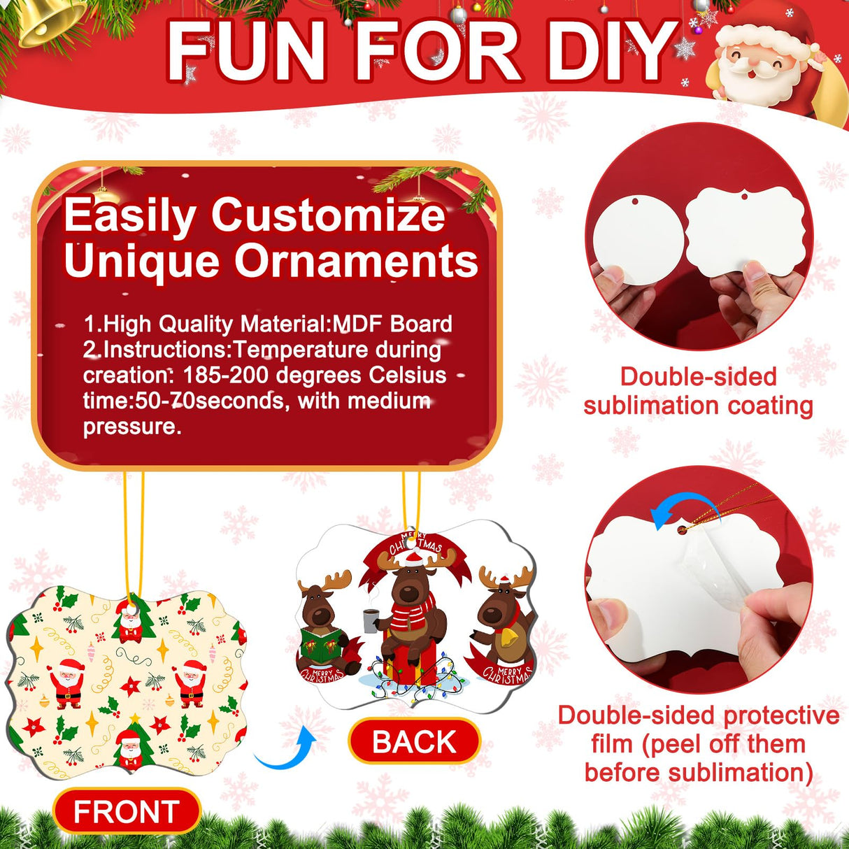 Jenaai 48 Pcs Sublimation Ornament Blanks 2.95 Inch Christmas Double Sided Sublimation Blank Pendants with Rope MDF Heat Transfer Disc Blanks for Party Xmas Tree Decorations and DIY Crafts, 4 Shapes Jenaai