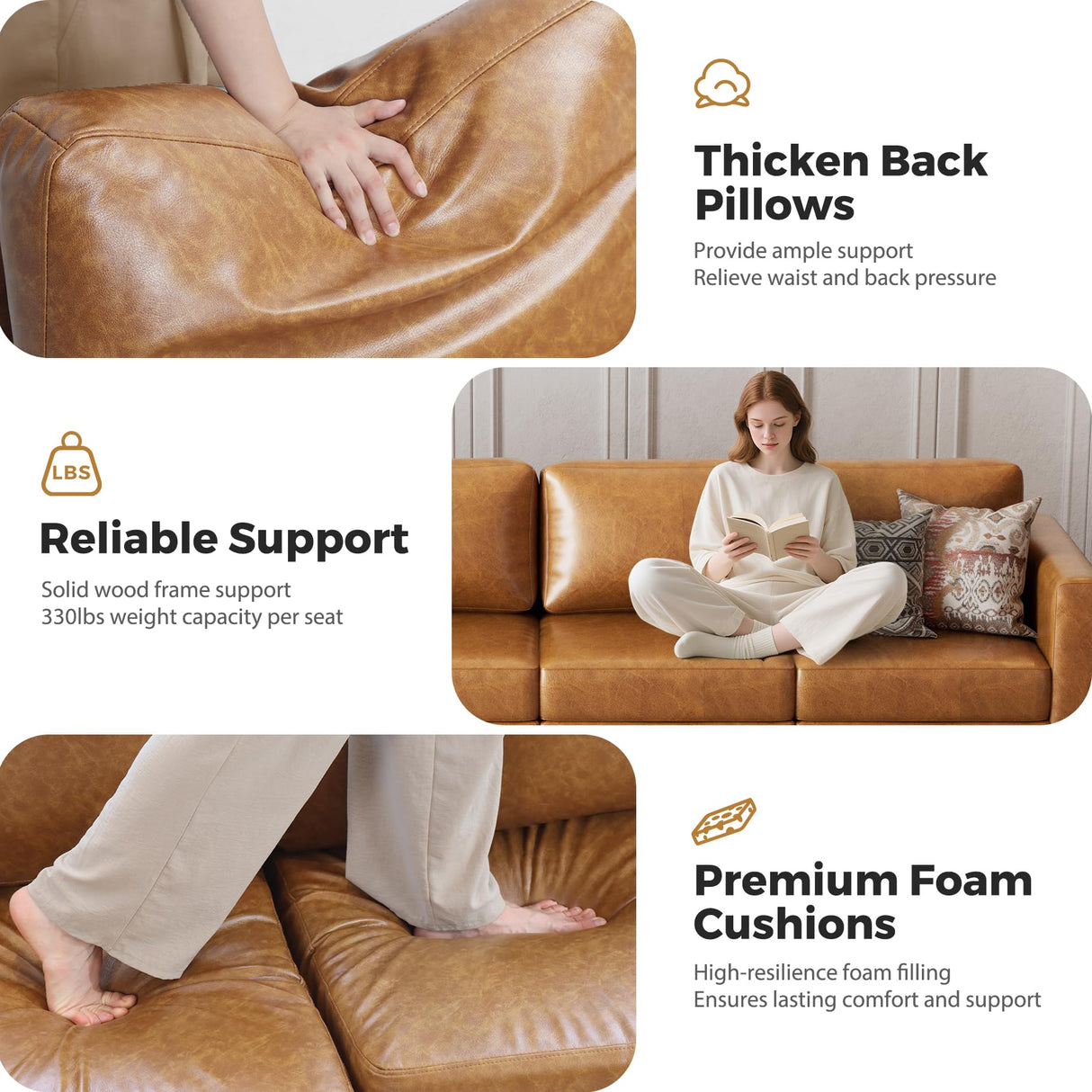 ABCASA Faux Leather U Shaped Modular Sectional Sofa 91.5", 5 Seater Couch with Movable Ottoman Deep Seat and Storage Seat with Removable Cover for Living Room, Apartment - Brown ABCASA