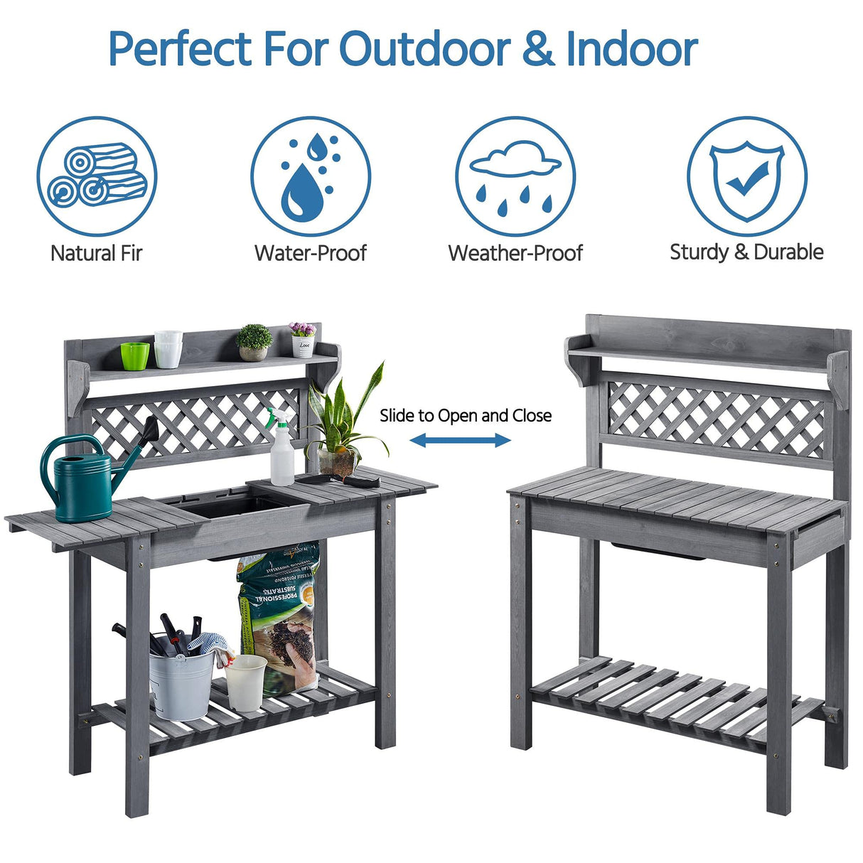 Topeakmart Potting Table Wood Workstation Table w/Sliding Tabletop w/Removable Dry Sink Storage Shelves Outdoor Garden Work Benches Station Planter Bench for Backyard Patio Gray Topeakmart