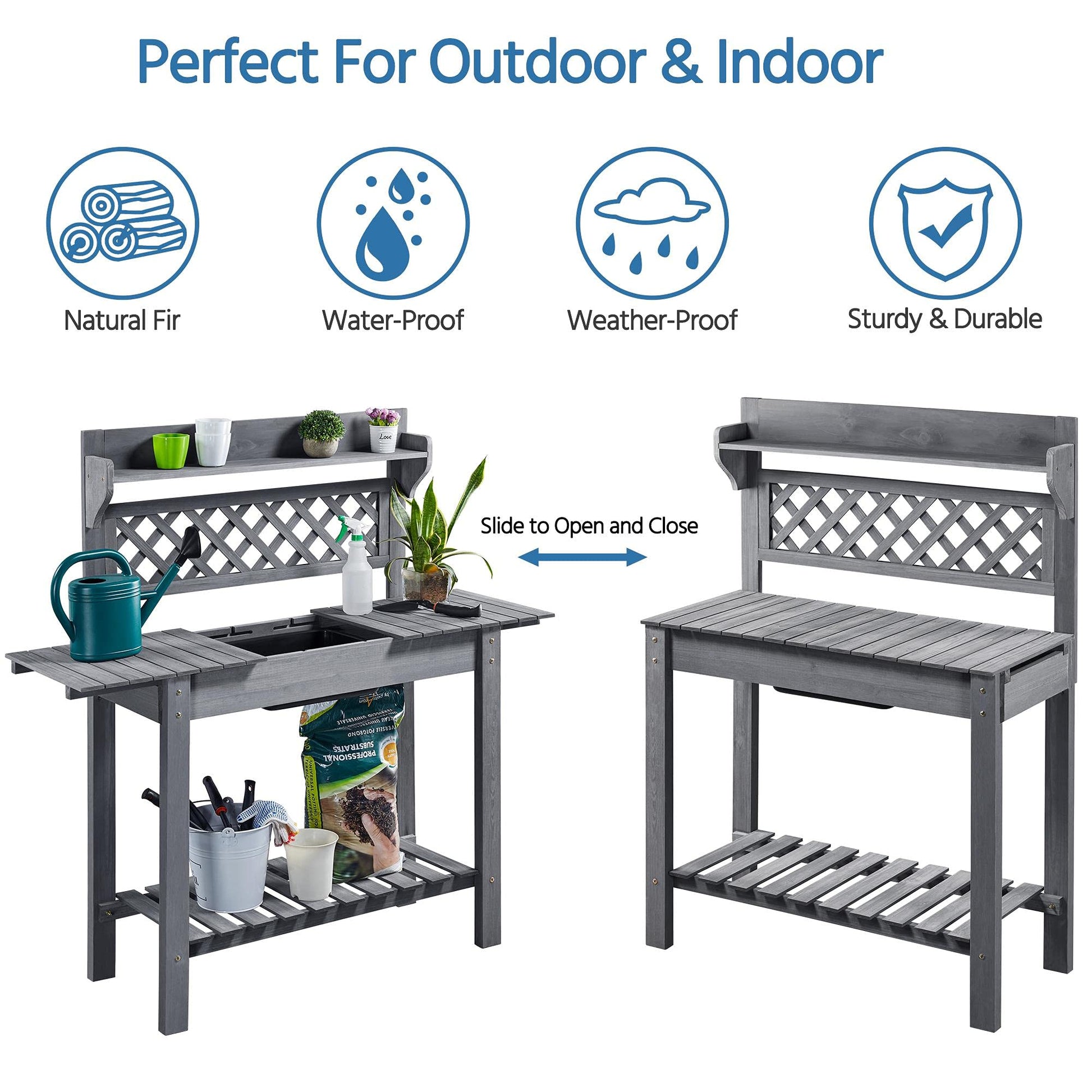 Topeakmart Potting Table Wood Workstation Table w/Sliding Tabletop w/Removable Dry Sink Storage Shelves Outdoor Garden Work Benches Station Planter Bench for Backyard Patio Gray - WoodArtSupply