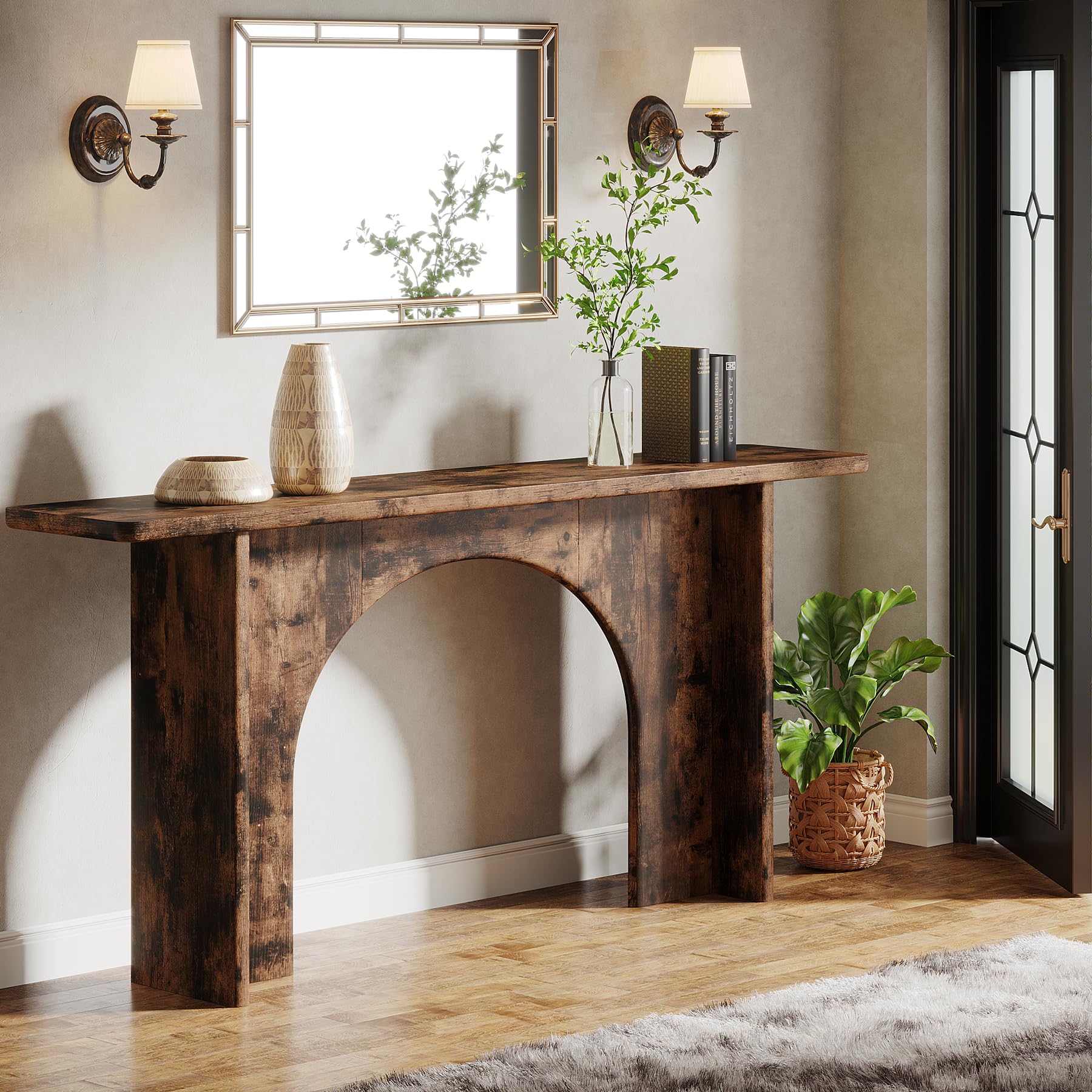 Tribesigns 63-Inch Console Table, Farmhouse Wood Sofa Wall Table Entryway Table with Curved Arch Brace, Thickened Accent Table for Entrance, Hallway, Living Room, Rustic Brown - WoodArtSupply