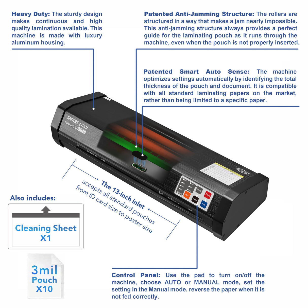 SINCHI Auto Sense, 3-10 mil Laminating Machine for Office and School, 50-Second Warm-up, 40 Inches/Minute, Never-Jam, Heavy Duty, 13-inch Thermal Laminator Machine 11x17 SINCHI
