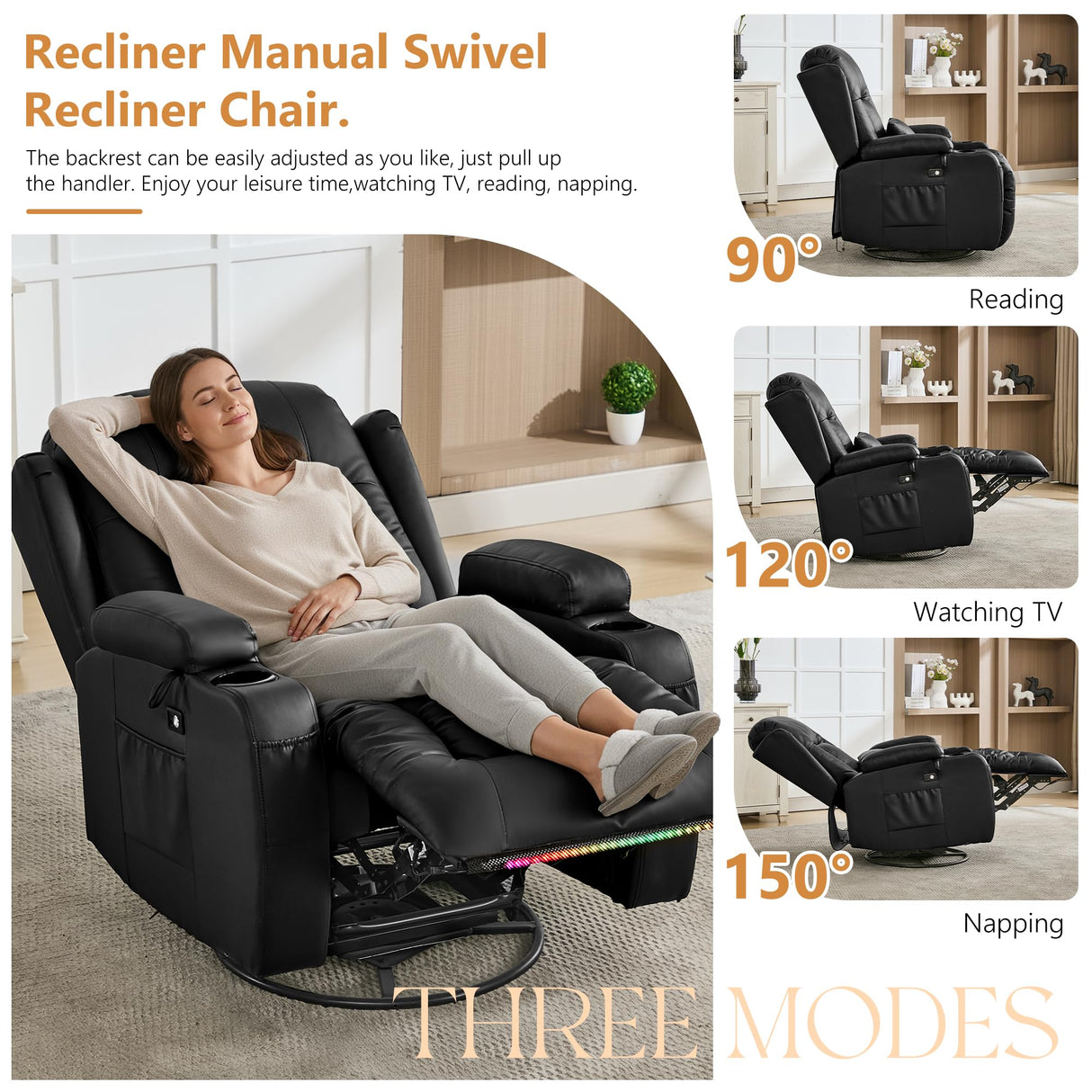 URRED Rocker Recliner Chair for Adults, 360° Swivel Glider Reclining Single Sofa with LED Ambient Light, Cup Holders and Side Pockets, Faux Leather Recliner for Living Room or Home Theater, Black URRED