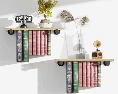 QsQueen Floating Bookshelves, Bookshelf with Industrial Pipe Brackets, Book Display Shelf for Wall, Unique Space-Saving Book Shelf Wall Book Holder, Wood Hanging Bookshelf, Great for Room Decor QsQueen