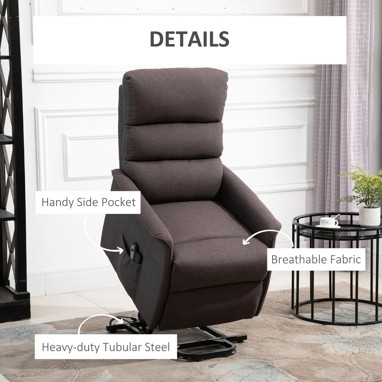 HOMCOM Power Lift Recliner Chair for Elderly, Easy Assembly, Fabric Lift Chair for Adults, Recliner Sofa with Remote Control, Side Pockets for Living Room, Brown HOMCOM
