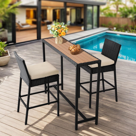 FKLUG 3-Piece Outdoor Bar Set, Wicker Rattan Bar Height Dining Table & Cushioned Bar Stools, Metal Bar Table and Chairs Set for Balcony, Backyard, Porch, Poolside (3pcs with 63" Rattan Table) FKLUG