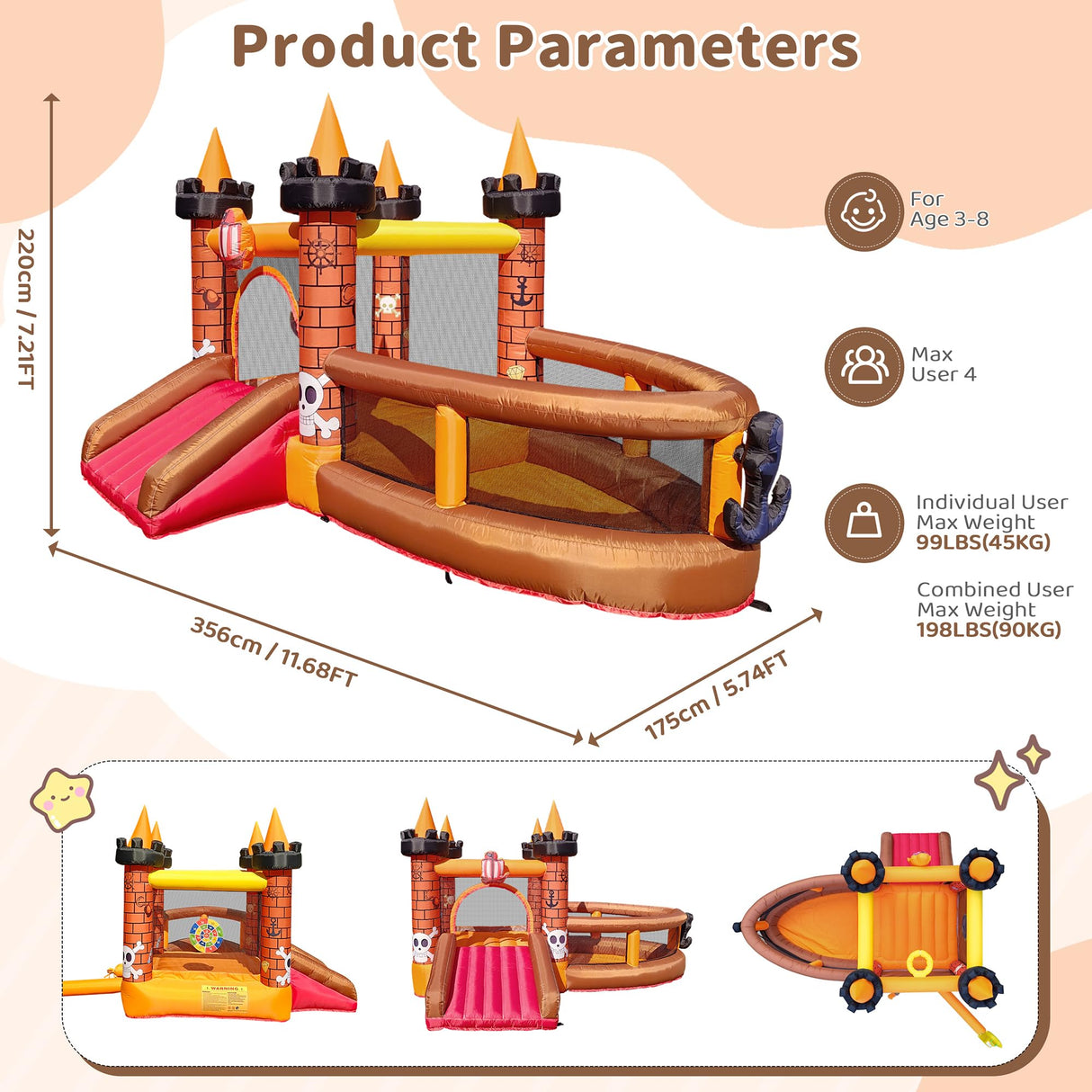 Inflatable Bounce House for Kid 3-8: Jump Bouncy House Castle with Slide - Blow Up Bouncer with 480W Blower for Toddler Outdoor Indoor Play TOAOB