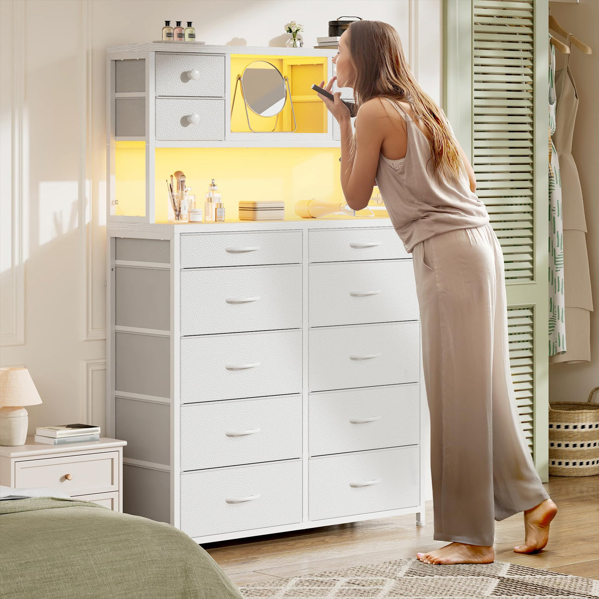 62.8" H Dresser for Bedroom with 14 Fabric Drawers,White Dresser with Charging Station and LED Lights,Dressers & Chests of Drawers for Bedroom, Steel Frame & Wooden Top, Entryway EnHomee