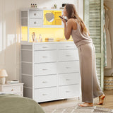62.8" H Dresser for Bedroom with 14 Fabric Drawers,White Dresser with Charging Station and LED Lights,Dressers & Chests of Drawers for Bedroom, Steel Frame & Wooden Top, Entryway EnHomee