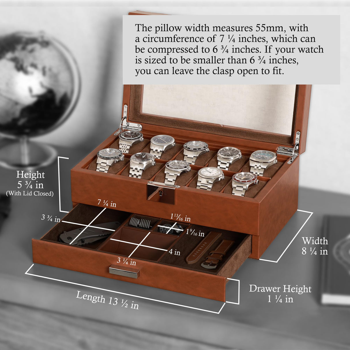 ROTHWELL 10-Slot Watch Box in Leather with Valet Drawer, Luxury Watch Case Display Organizer with Ultra Soft Microsuede Liner, Jewelry and Sunglass Holder With Large Glass top (Tan/Brown) ROTHWELL