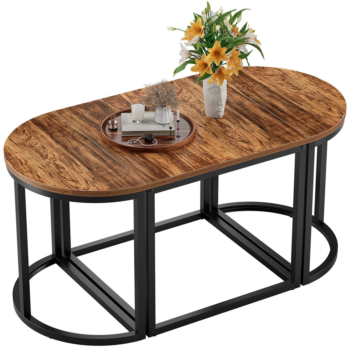 GreenForest Coffee Table Oval 3pcs Set, Modern Living Room Table with 2 End Tables, Small Center Table with Metal Frame for Home Apartment, Walnut GreenForest