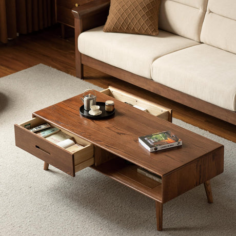 Vadisun 100% Solid Wood Coffee Table with Storage, Mid Century Modern Coffee Tables for Living Room, 39.37" W Coffee Table with 2 Drawers for Home (Oak Walnut Colour) Vadisun