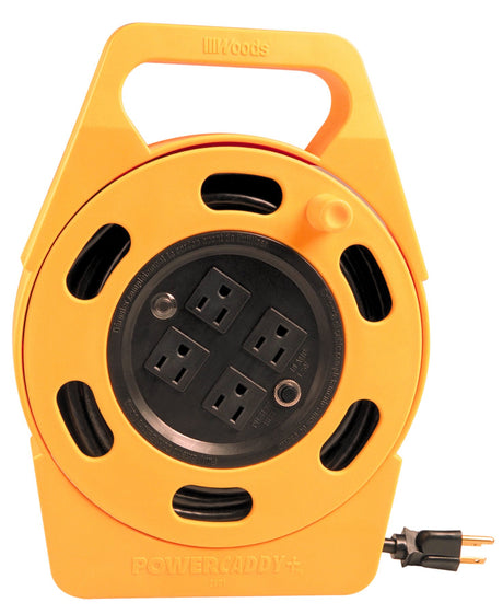 Woods 2801 Extension Reel with Four 3-Prong Power Outlets; Heavy Duty Retractable Cord; User Friendly; Made of Flame Resistant Materials; 10 AMP Circuit Breaker; 25 Foot; Yellow; Orange Woods