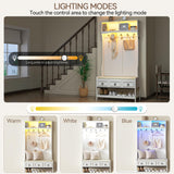 Gurexl 67” Farmhouse Hall Tree with Shoe Storage, Auto Sensor Wood Coat Tree with LED Lights, 3-in-1 Entryway Bench with Coat Rack, Hooks and Drawers for Hallway, Living Room, Bedroom (White) Gurexl