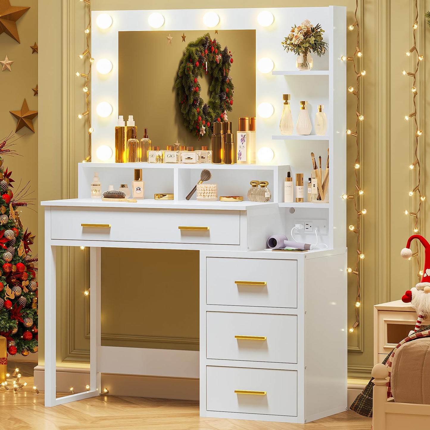 Tiptiper White Makeup Vanity with 10 Light Bulbs, Modern Vanity Desk with Mirror & 3 Lighting Modes, Vanity Table with 2 USB Ports and Outlets, Makeup Desk with Nightstand, Storage Shelves and Drawers