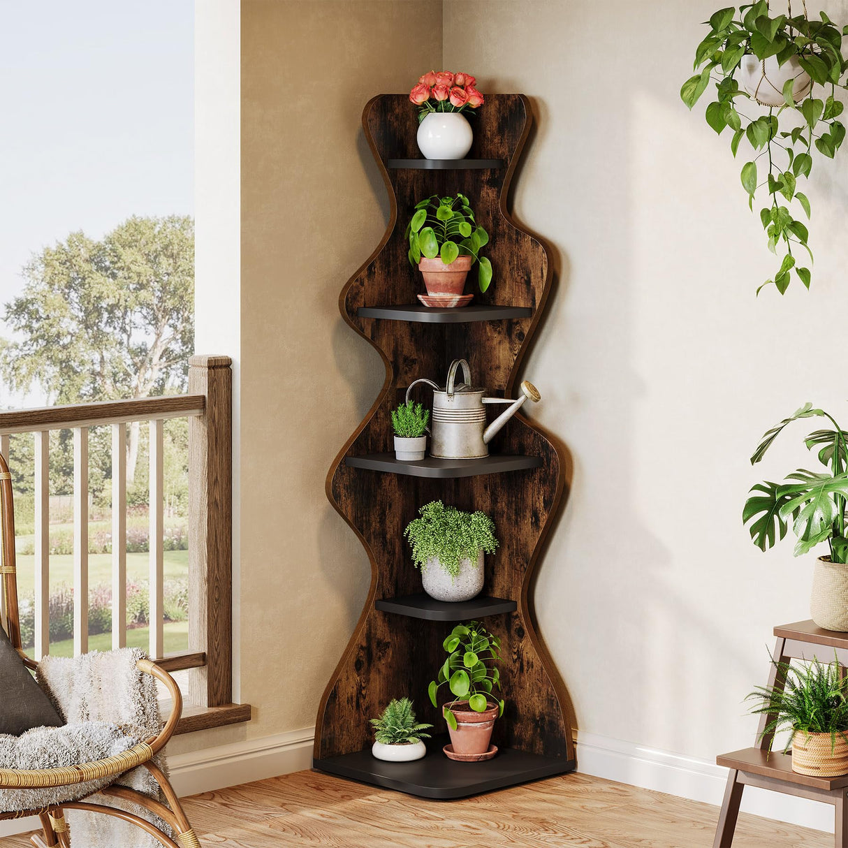 Tribesigns Rustic 5-Tier Corner Shelf – 69" Tall Wood Bookshelf & Display Stand for Small Spaces Tribesigns