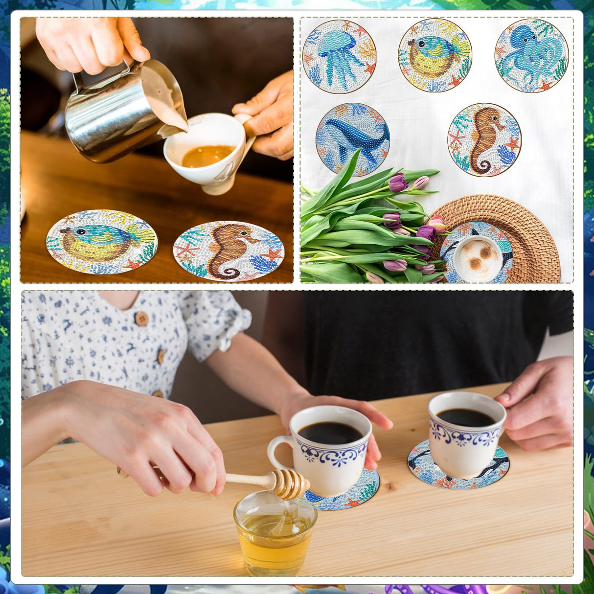 Sitsink Diamond Art Coasters Kit - Nautical Marine Life Diamond Painting Coaster Kits, Summer Ocean Animal Rhinestone Get Art Crafting for Adult Women (8 pcs) Sitsink